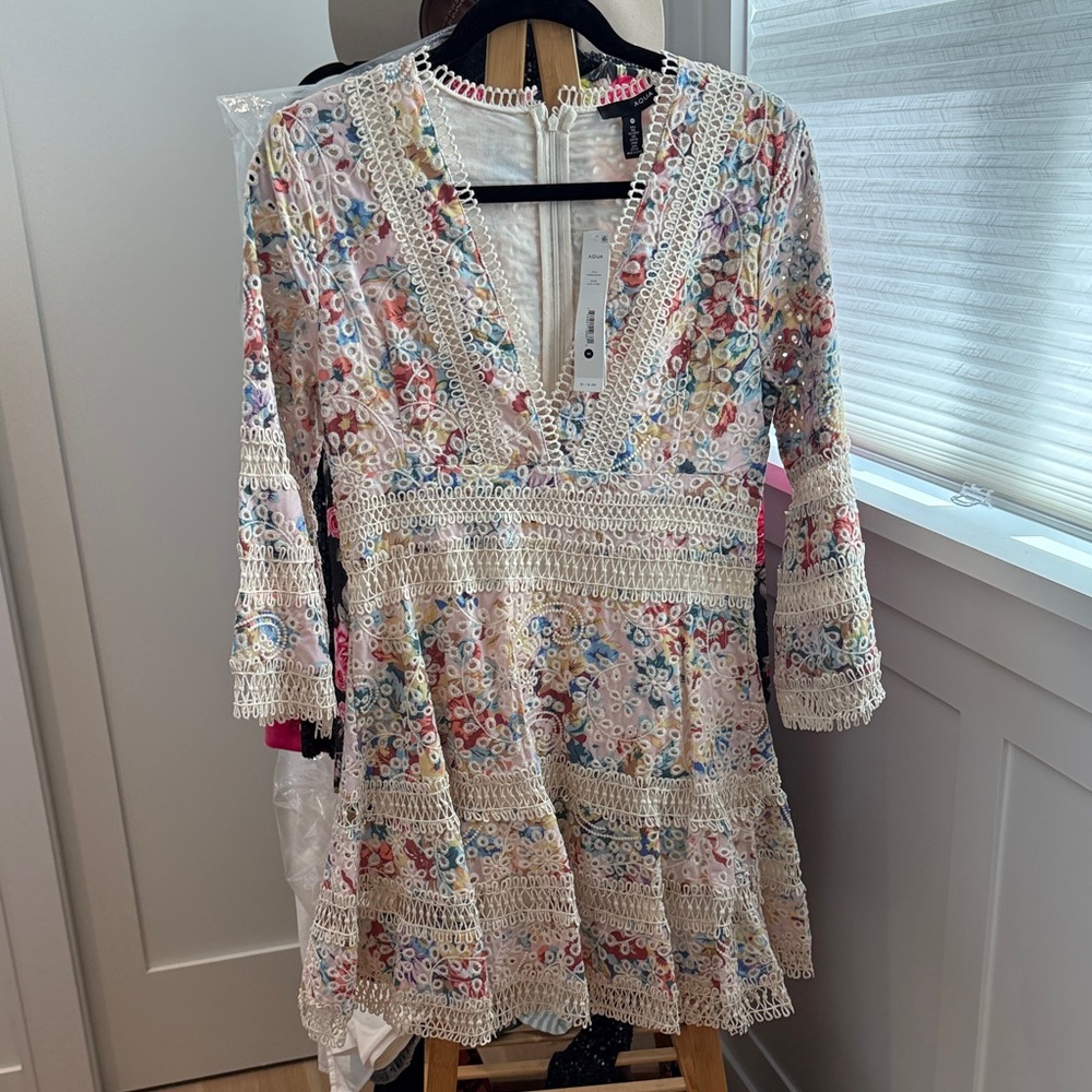 Aqua White Floral Crochet Dress